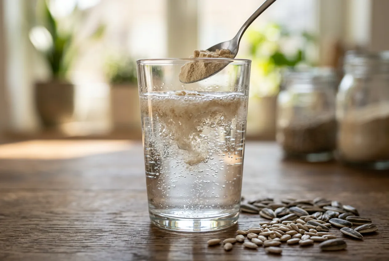 Sunflower protein powder dissolving smoothly in clear glass of water with bubbles, liquid background blurred, sunflower seeds scattered beside glass