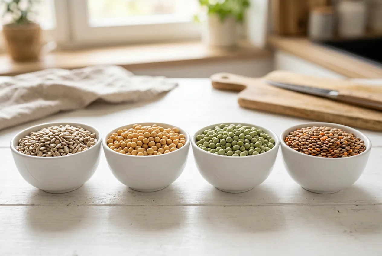 Various plant-based protein sources arranged on white surface: sunflower seeds, soy beans, peas, lentils in small bowls, comparative arrangement